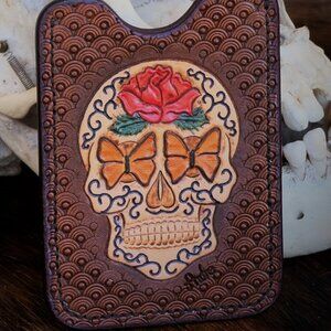 Hand Tooled Sugar Skull Carved Leather Pocket Money & Card Holder